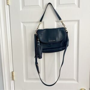 Michael Kors Bedford Tassel Crossbody Blue Gold Convertible Shoulder Bag Leather